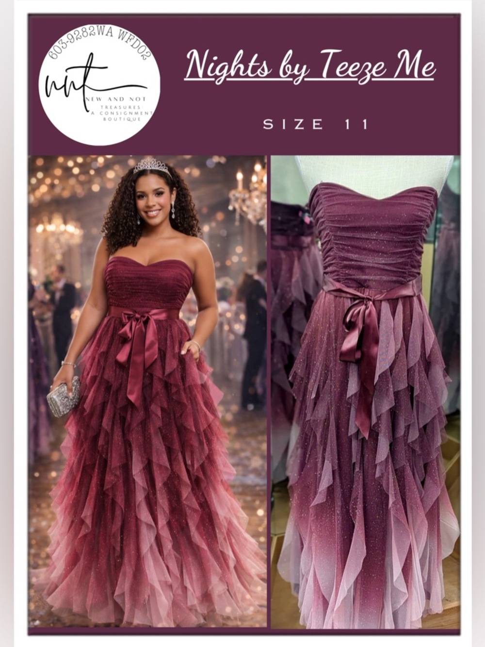 Nights by Teeze Me Plum Pink Ombre Corkscrew Curl Glitter Strapless Ball Gown 11